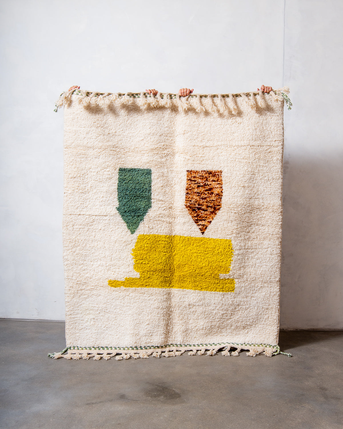 Modern, designer, handcrafted Berber rug from Morocco. Beniourain carpet with beautiful colours and patterns and fluffy wool texture.